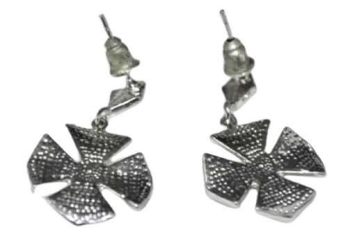 Vintage Silver Tone Maltese Cross Earrings with Light Pink and White Crystal and Enamel