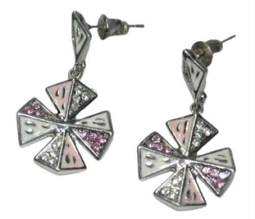 Vintage Silver Tone Maltese Cross Earrings with Light Pink and White Crystal and Enamel