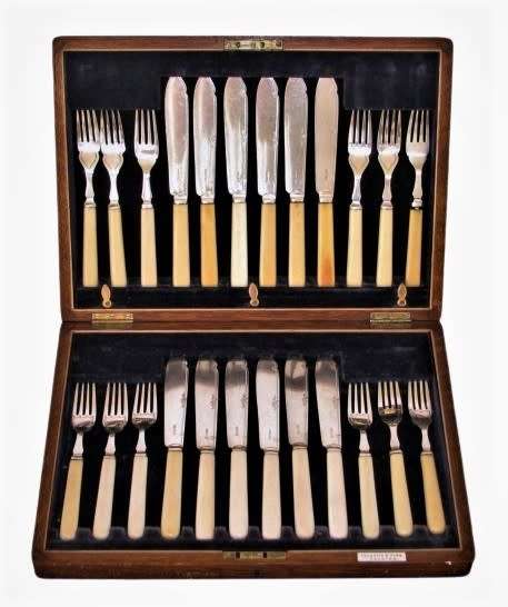A&D S Antique Fish Cutlery Set | 24-Piece Silver-Plated Bone-Handled | Velvet-Lined Walnut Box