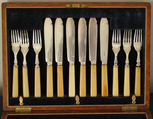 A&D S Antique Fish Cutlery Set | 24-Piece Silver-Plated Bone-Handled | Velvet-Lined Walnut Box