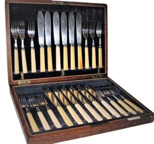 A&D S Antique Fish Cutlery Set | 24-Piece Silver-Plated Bone-Handled | Velvet-Lined Walnut Box