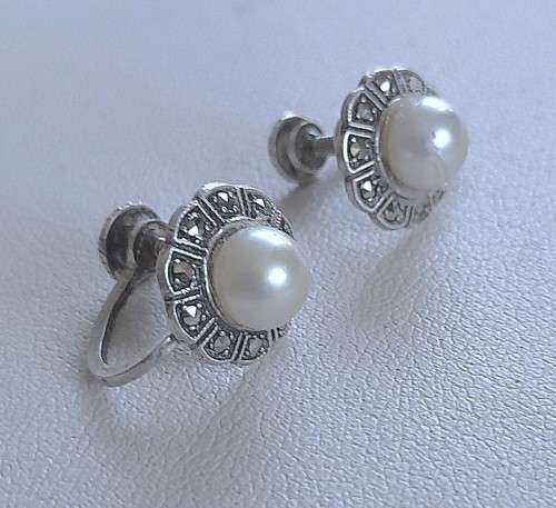 Antique Stirling Silver, Marcasite and Faux Pearl Screw-back Earrings