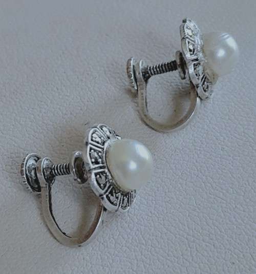 Antique Stirling Silver, Marcasite and Faux Pearl Screw-back Earrings
