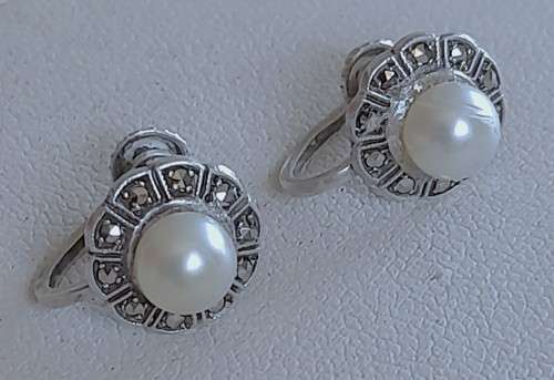 Antique Stirling Silver, Marcasite and Faux Pearl Screw-back Earrings