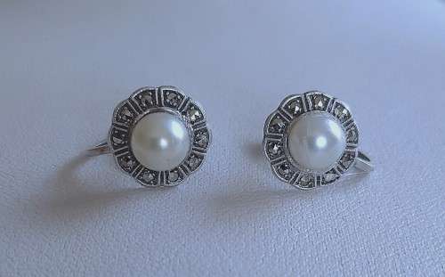 Antique Stirling Silver, Marcasite and Faux Pearl Screw-back Earrings