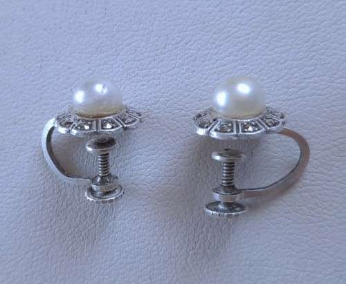 Antique Stirling Silver, Marcasite and Faux Pearl Screw-back Earrings