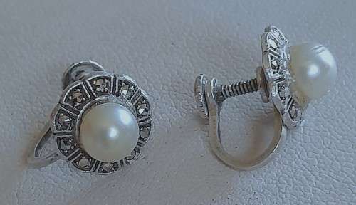 Antique Stirling Silver, Marcasite and Faux Pearl Screw-back Earrings