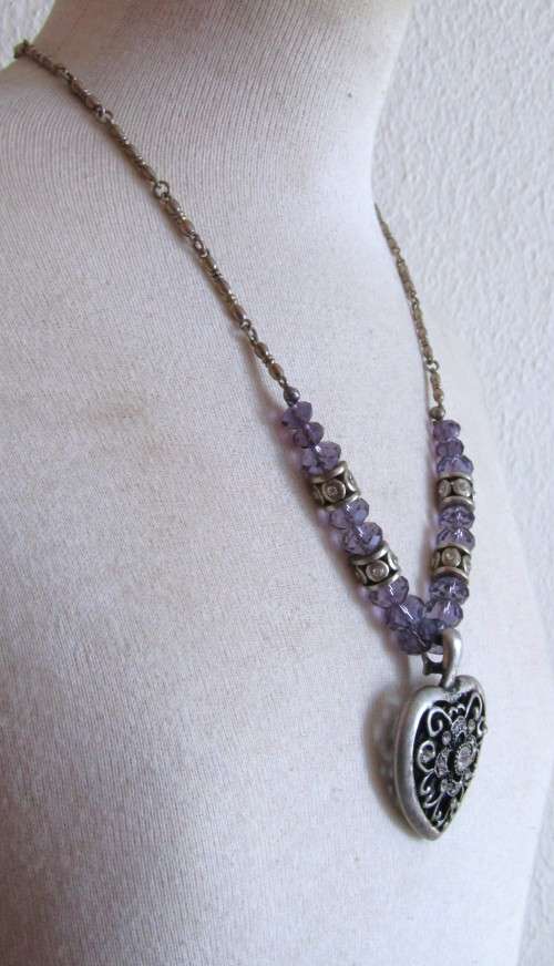 Vintage silver tone heart pendant necklace with clear and purple faceted crystal