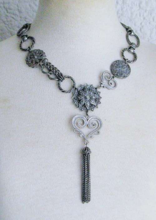 Vintage Chunky Antique Silver tone necklace by Honey