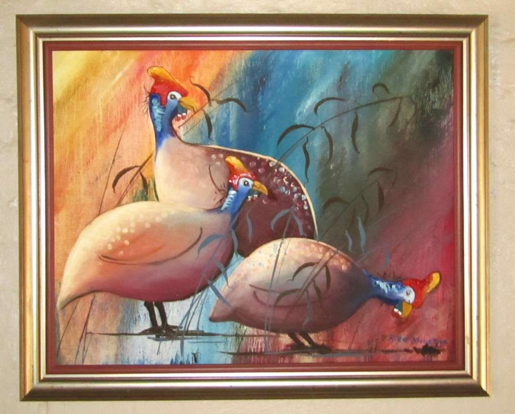 Guinea Fowl - Framed Acrylic on board signed Rita Knoetze