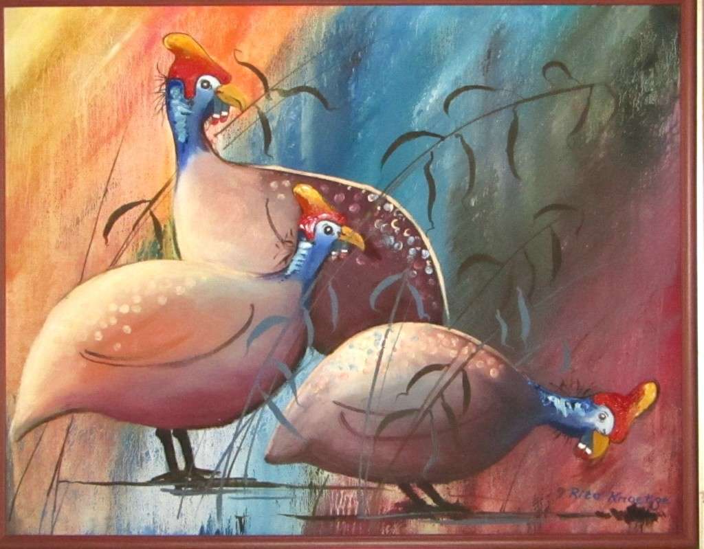 Guinea Fowl - Framed Acrylic on board signed Rita Knoetze