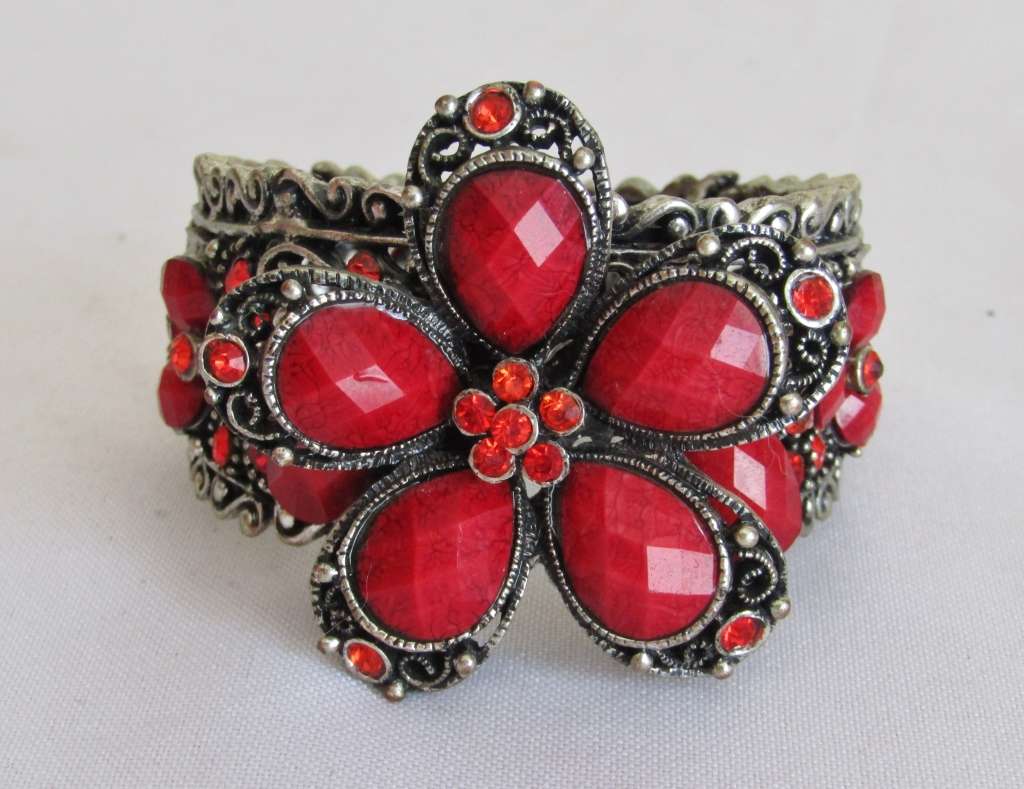Vintage antique silver tone cuff bracelet with faceted clear and opaque red crystal