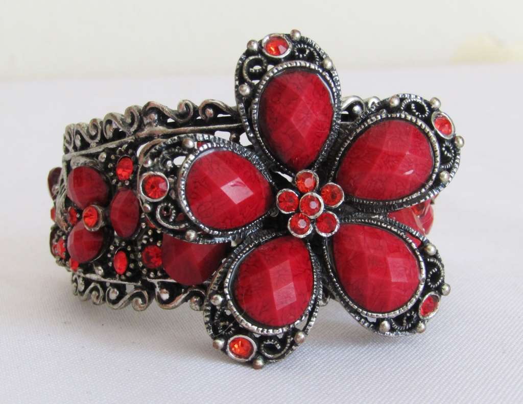 Vintage antique silver tone cuff bracelet with faceted clear and opaque red crystal