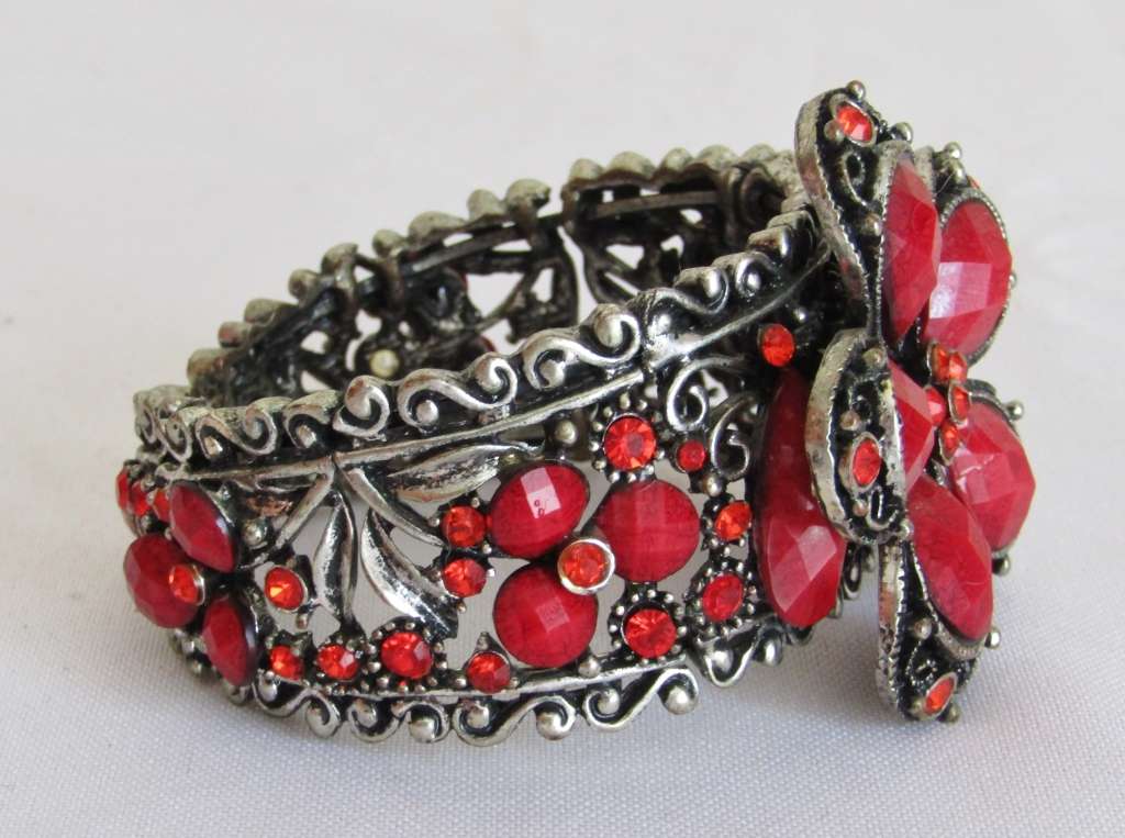 Vintage antique silver tone cuff bracelet with faceted clear and opaque red crystal