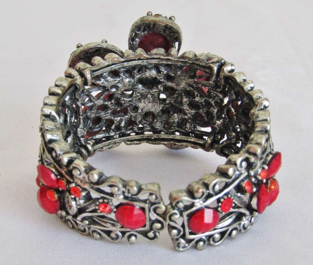Vintage antique silver tone cuff bracelet with faceted clear and opaque red crystal