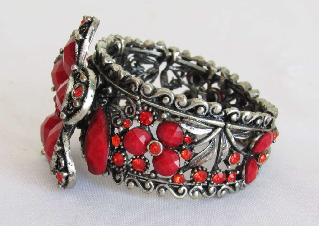 Vintage antique silver tone cuff bracelet with faceted clear and opaque red crystal