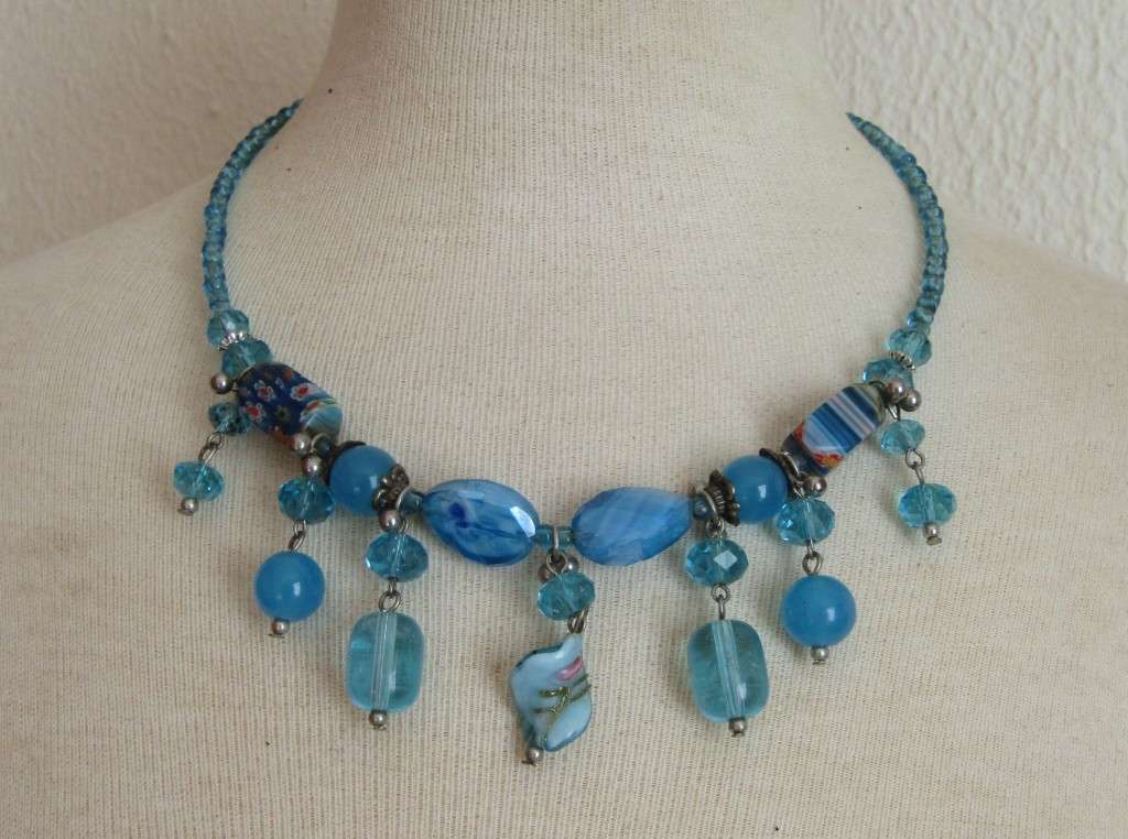 Vintage hand made aqua genuine Murano Glass beaded necklace with silver tone accents