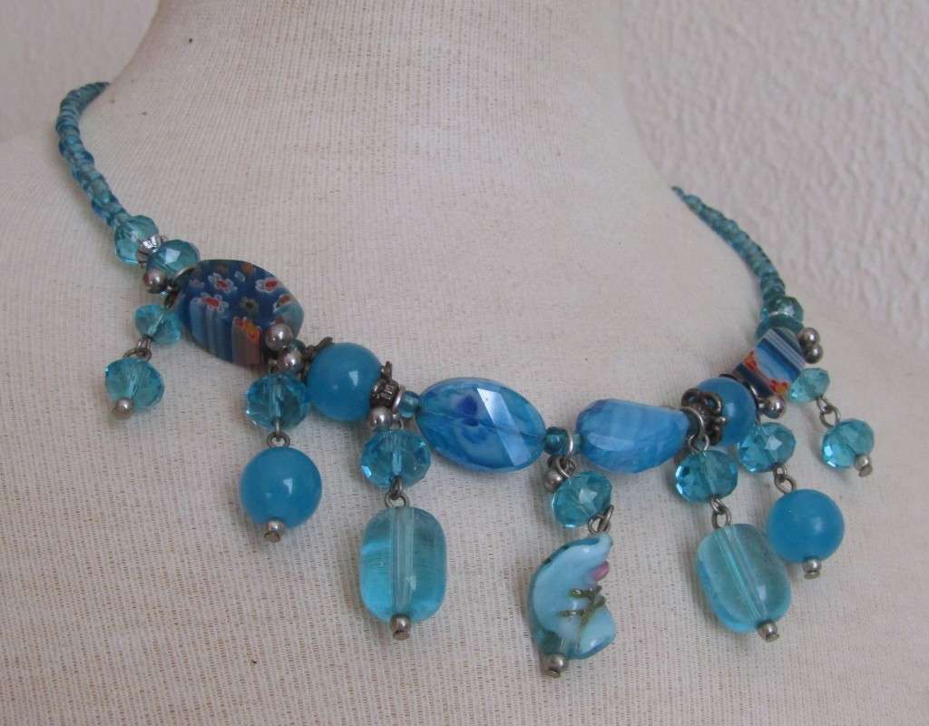 Vintage hand made aqua genuine Murano Glass beaded necklace with silver tone accents