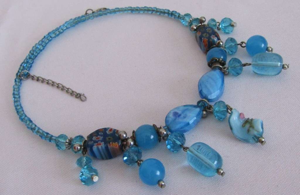Vintage hand made aqua genuine Murano Glass beaded necklace with silver tone accents