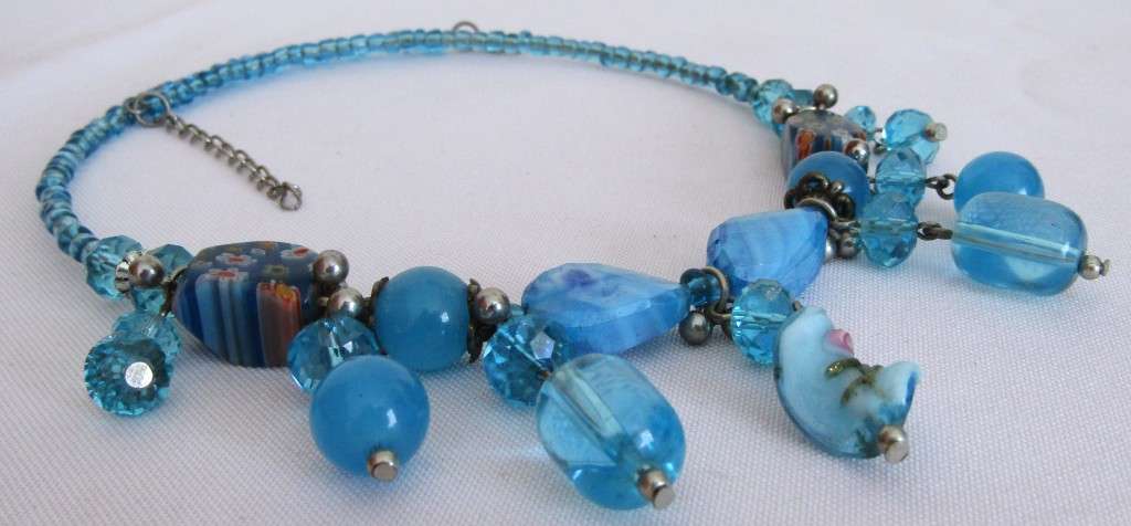 Vintage hand made aqua genuine Murano Glass beaded necklace with silver tone accents