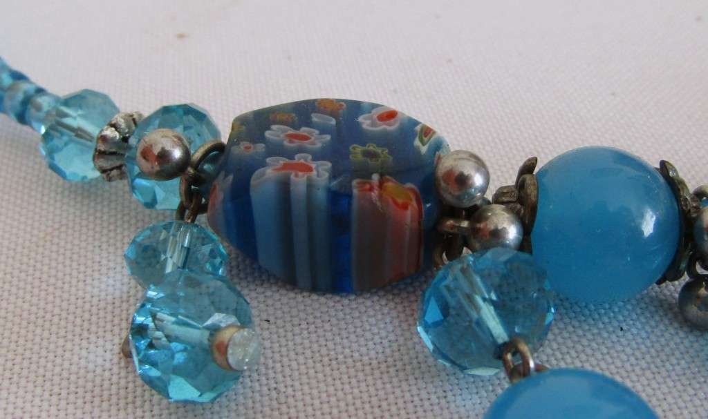 Vintage hand made aqua genuine Murano Glass beaded necklace with silver tone accents