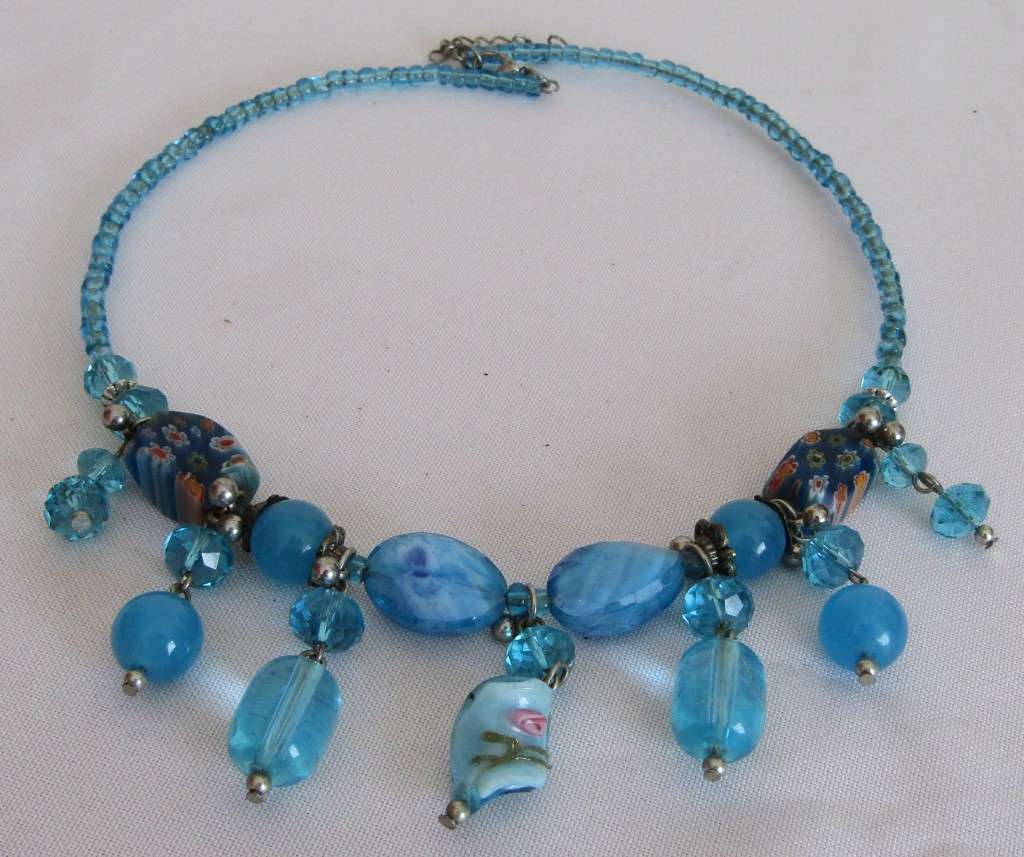Vintage hand made aqua genuine Murano Glass beaded necklace with silver tone accents