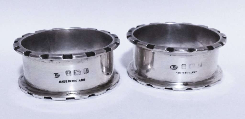 Pair of English Hallmarked Antique Sterling Silver Castellated Napkin Rings by Robert Chandler 1914