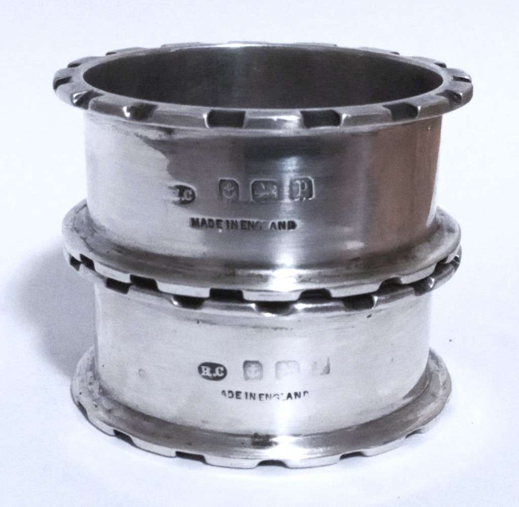 Pair of English Hallmarked Antique Sterling Silver Castellated Napkin Rings by Robert Chandler 1914