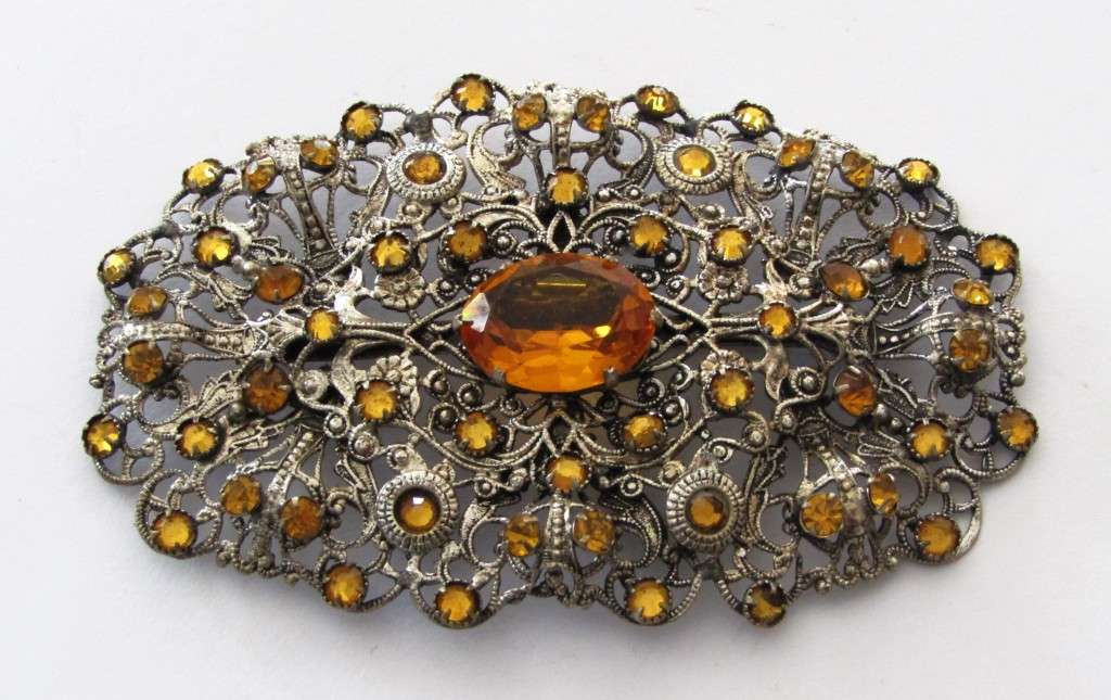 Czech Edwardian Filigree Brooch pin with Amber Topaz Faceted Glass Stones c1910