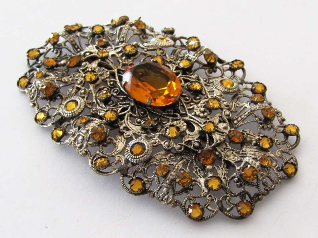 Czech Edwardian Filigree Brooch pin with Amber Topaz Faceted Glass Stones c1910