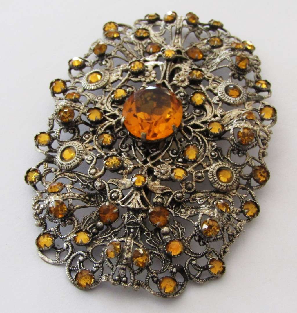 Czech Edwardian Filigree Brooch pin with Amber Topaz Faceted Glass Stones c1910