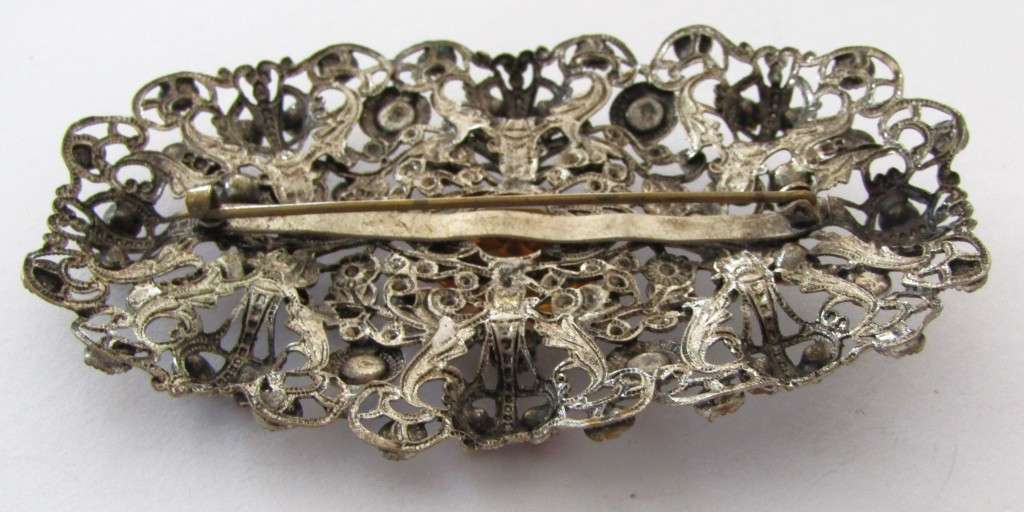 Czech Edwardian Filigree Brooch pin with Amber Topaz Faceted Glass Stones c1910