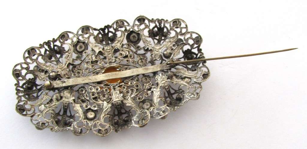 Czech Edwardian Filigree Brooch pin with Amber Topaz Faceted Glass Stones c1910