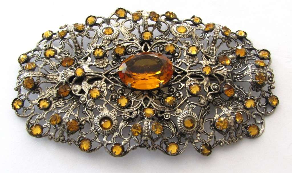 Czech Edwardian Filigree Brooch pin with Amber Topaz Faceted Glass Stones c1910