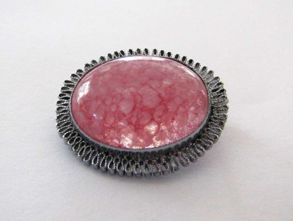 Vintage 1930s Art Deco Silver tone Czech Pink Mottled Glass Brooch Pin