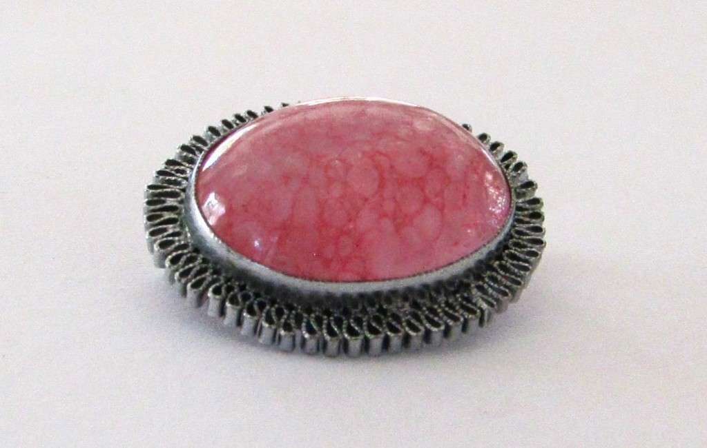 Vintage 1930s Art Deco Silver tone Czech Pink Mottled Glass Brooch Pin