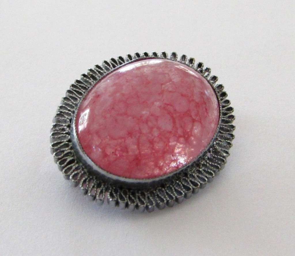 Vintage 1930s Art Deco Silver tone Czech Pink Mottled Glass Brooch Pin
