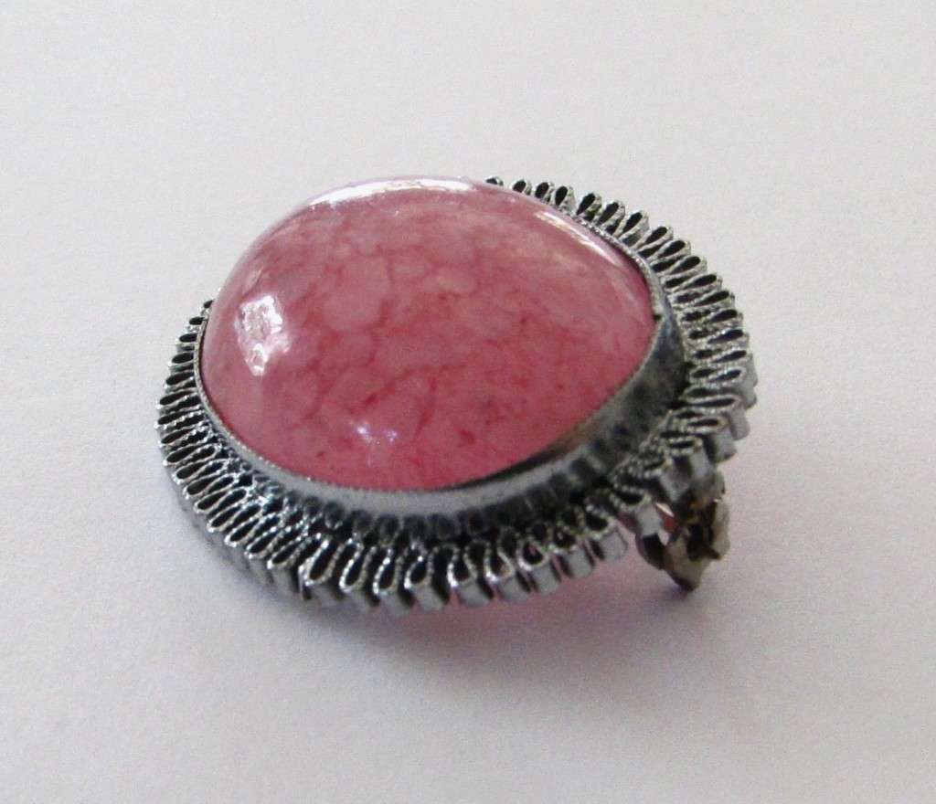 Vintage 1930s Art Deco Silver tone Czech Pink Mottled Glass Brooch Pin