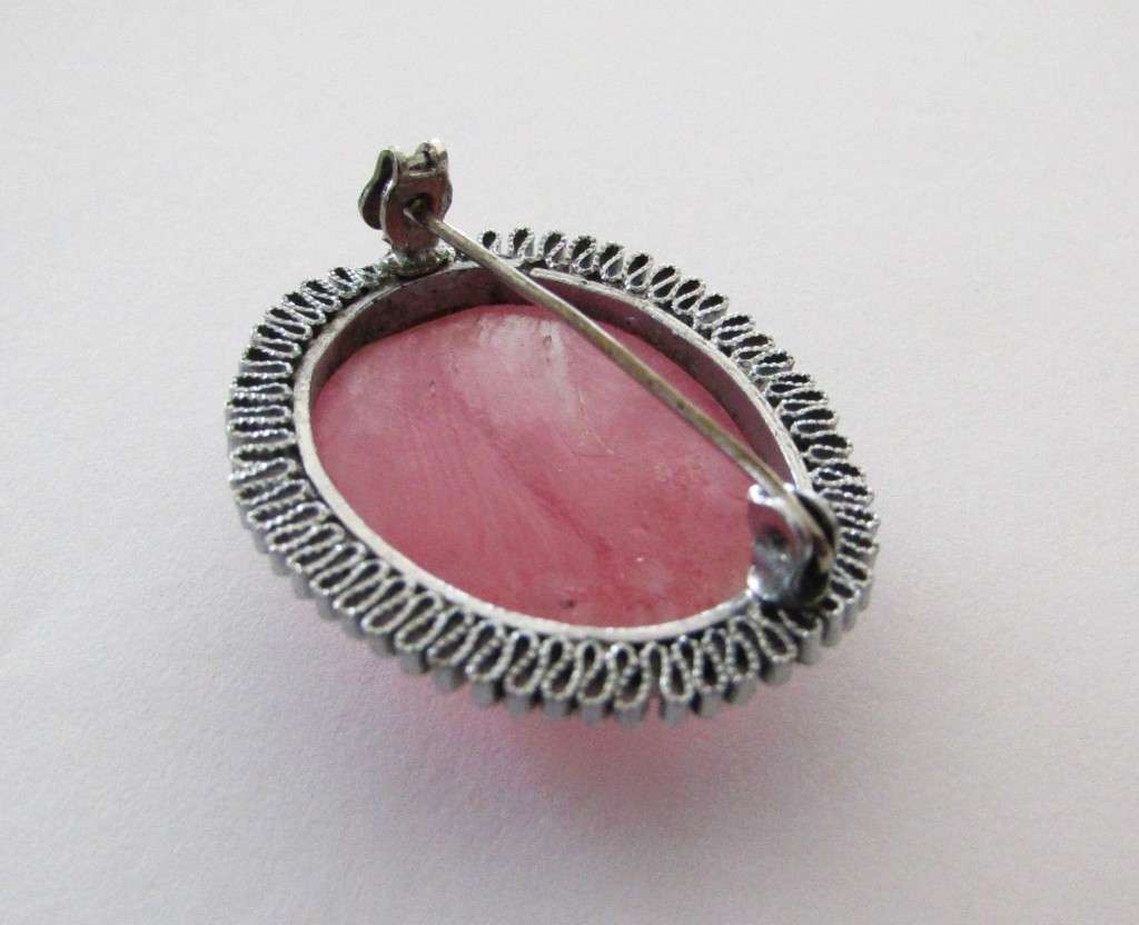 Vintage 1930s Art Deco Silver tone Czech Pink Mottled Glass Brooch Pin