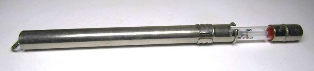 Vintage Pocket Thermometer encased in pen-shaped metal casing, calibrated to Celsius