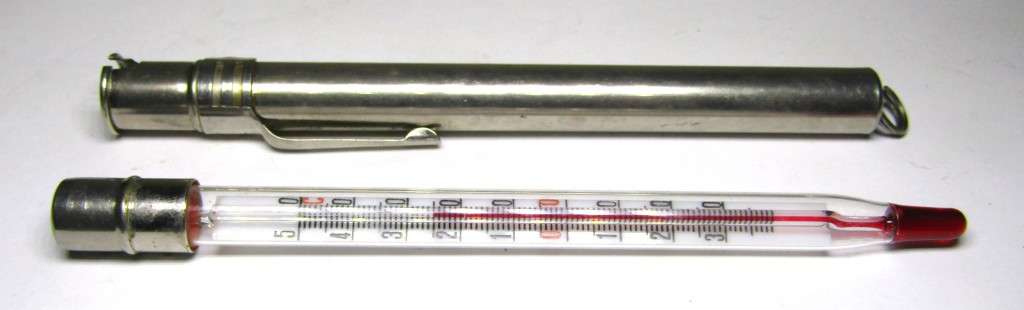 Vintage Pocket Thermometer encased in pen-shaped metal casing, calibrated to Celsius