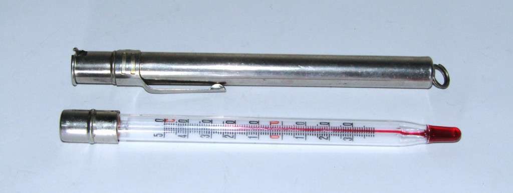 Vintage Pocket Thermometer encased in pen-shaped metal casing, calibrated to Celsius