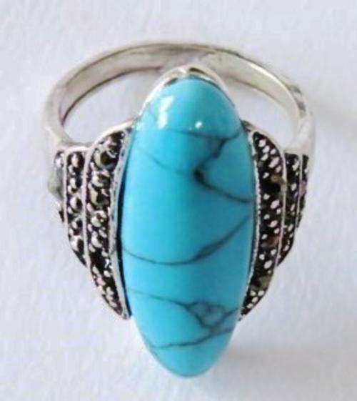 Silver tone fashion ring with turquoise and marcasite (Size 10)