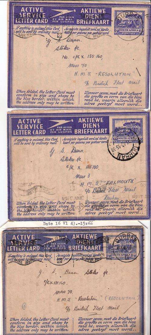 WWII SELECTION  3 ACTIVE SERVICE LETTER CARDS DIFFERENT DURBAN CANCELLATIONS  VFU