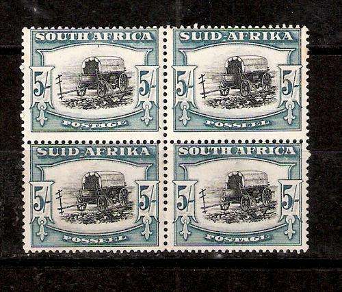 1947 5/- BLOCK OF 4 WITH VARIETY. UMM BUT GUM DAMAGE