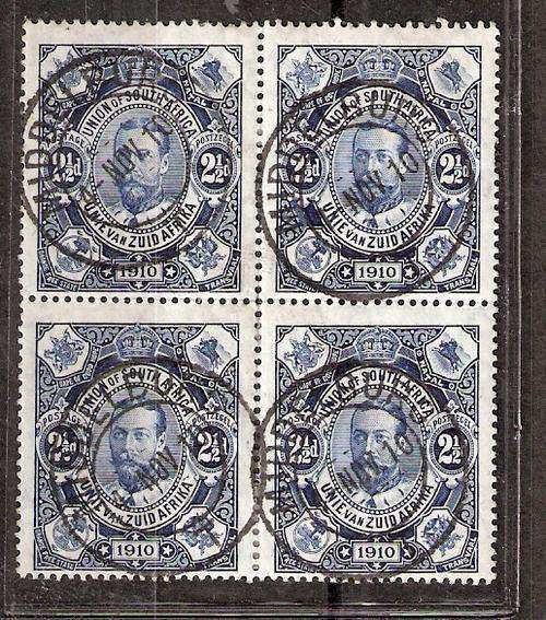 EXHIBITION PIECE. 1910 21/2C BLOCK OF 4 FIRST DAY CANCELATION. EACH STAMP CANCELLED