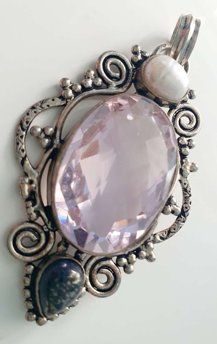 925 SILVER - LARGE PENDANT - ART DECO DESIGN - MASSIVE QUARZ - REAL PEARL AND GEM STONE