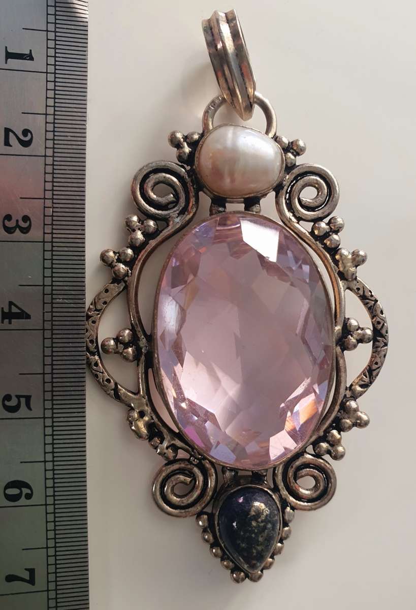 925 SILVER - LARGE PENDANT - ART DECO DESIGN - MASSIVE QUARZ - REAL PEARL AND GEM STONE