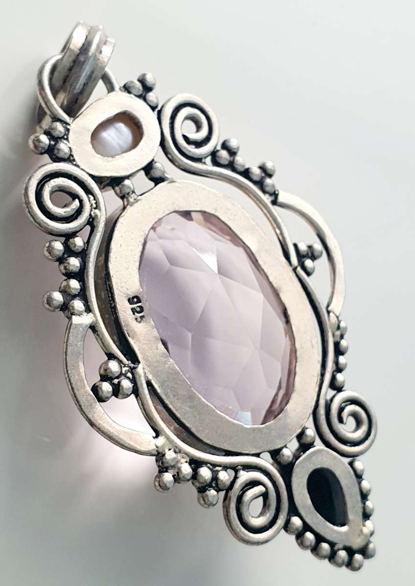 925 SILVER - LARGE PENDANT - ART DECO DESIGN - MASSIVE QUARZ - REAL PEARL AND GEM STONE