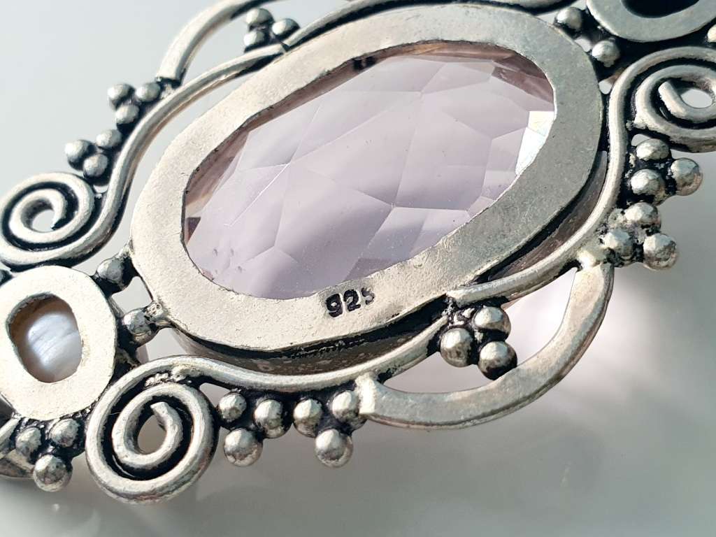 925 SILVER - LARGE PENDANT - ART DECO DESIGN - MASSIVE QUARZ - REAL PEARL AND GEM STONE